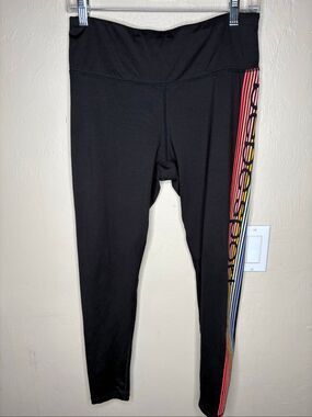 bebe Women's Black Rainbow Logo Side Stripe Athletic Leggings Size Medium-155